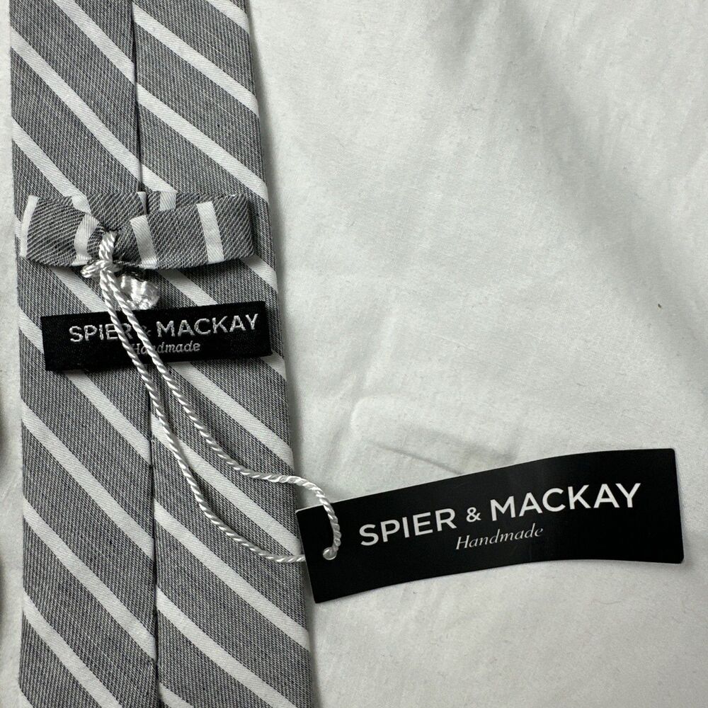 New Spier & Mackay Handmade Slim Neck Tie 100% Cotton Grey Repp Stripe